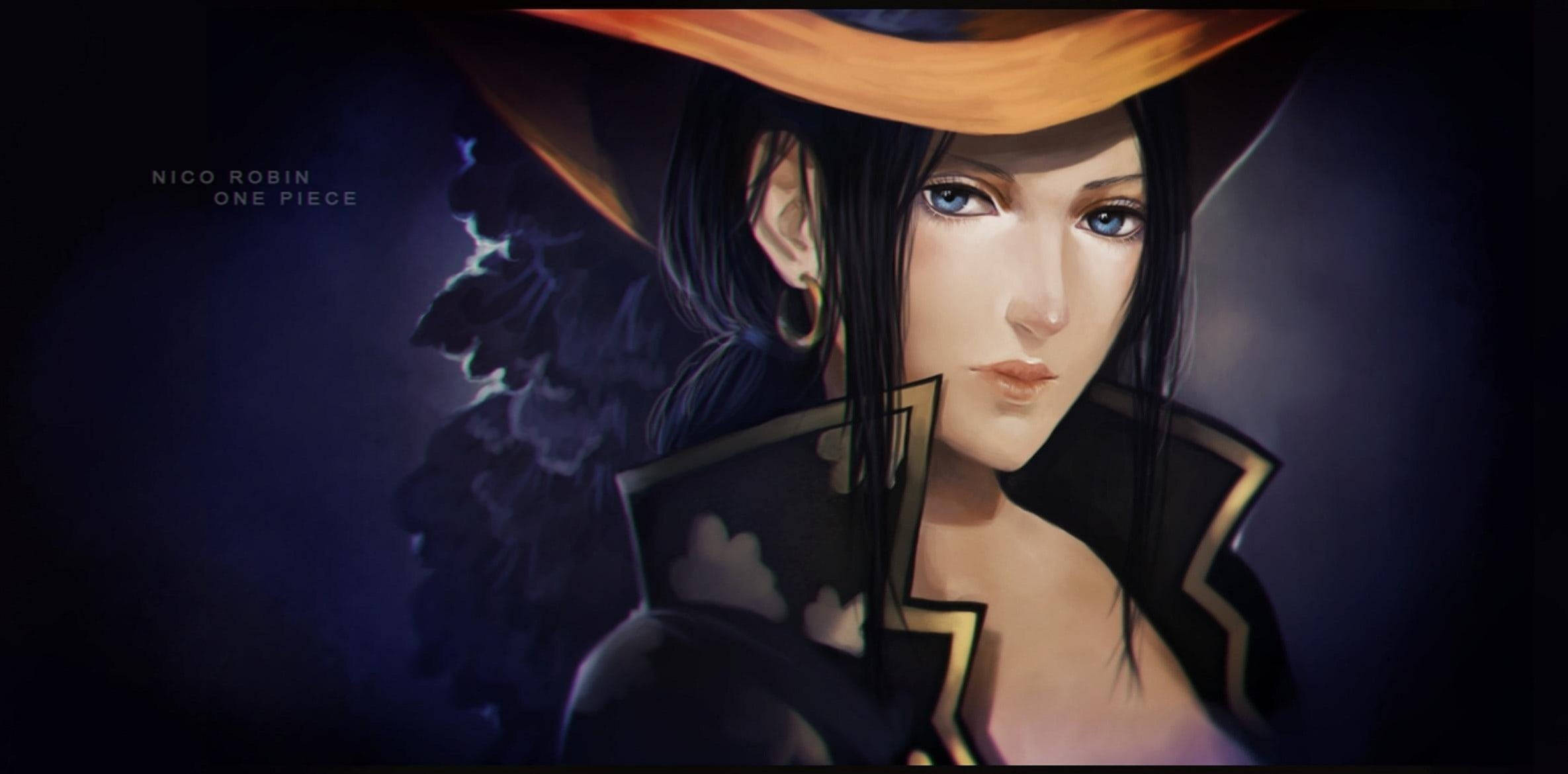 robin 桌布 壁紙 — One Piece 中妮歌·魯賓的 close-up 肖像，戴著寬邊帽，手持一本書，背景是黑暗的暴風雨。