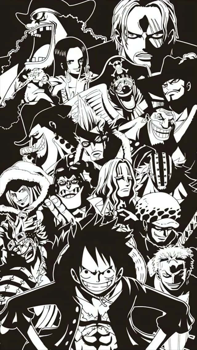 《One Piece》動漫角色的黑白拼貼，表情強烈。