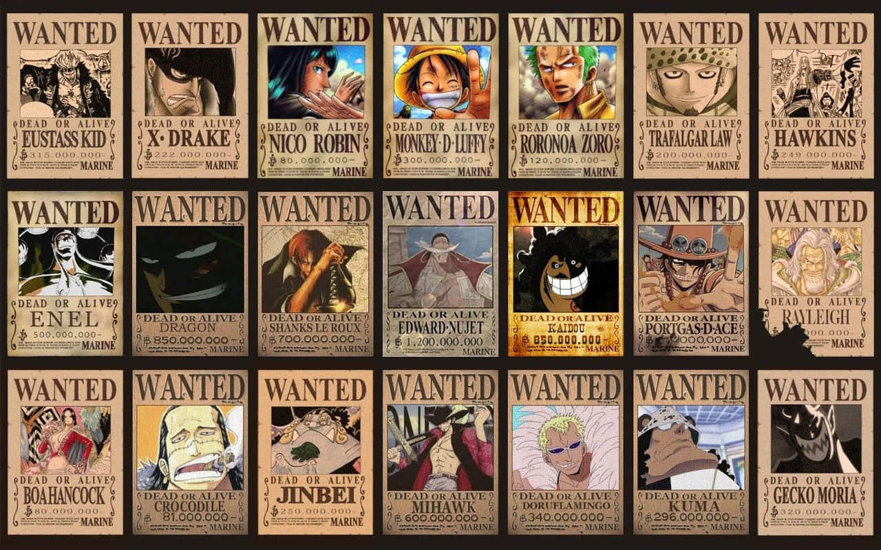 wanted 桌布 壁紙 — One Piece 動畫懸賞海報網格，包含賞金獵人、生動的角色藝術和舊紙背景上的粗體文字。