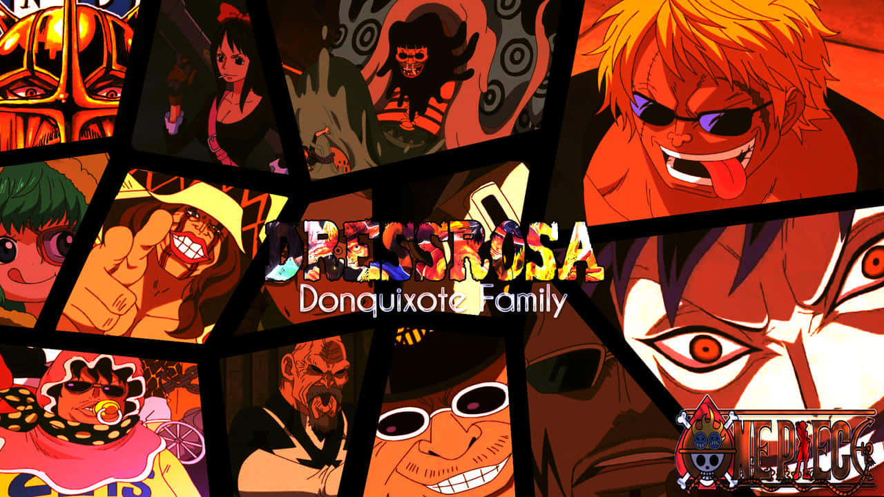 Donquixote Family 桌布 壁紙 — One Piece 唐吉訶德家族成員的鮮豔動漫拼貼畫，採用大膽的紅橙色和黑色色調。