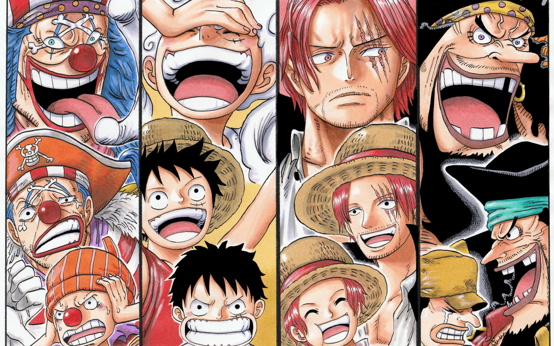 Four Emperors 桌布 壁紙 — One Piece 船員的鮮豔動漫拼貼畫，表情誇張，線條大膽。