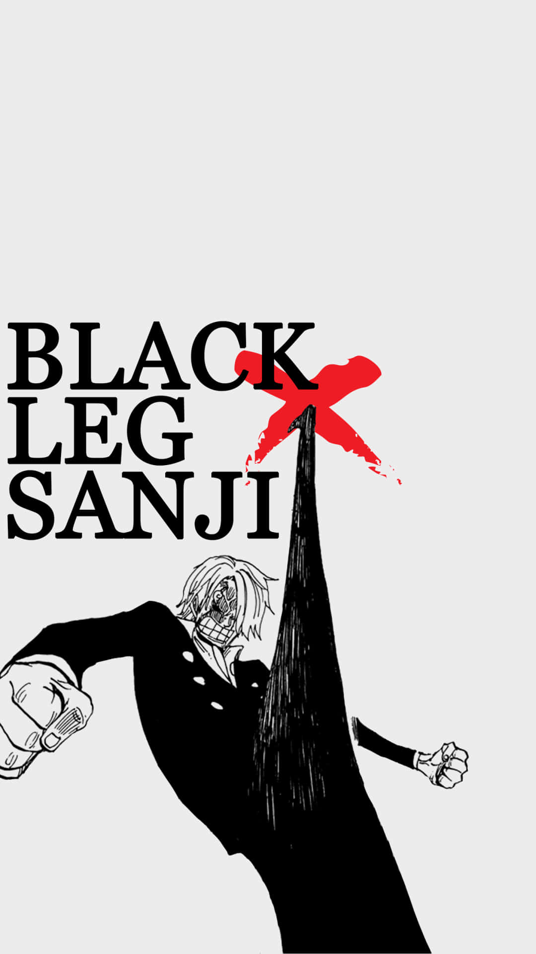 One Piece 角色 Sanji 在 iPhone 壁紙上的動感形象 壁紙 — 動漫角色山治身穿黑色西裝向上踢，淺灰色背景上「BLACK LEG SANJI」文字上方有紅色X標記。