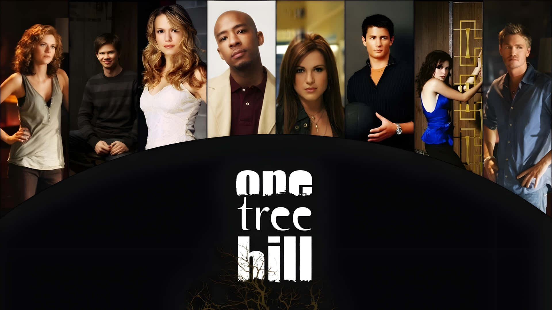  壁紙 — 《One Tree Hill》宣傳海報，七位演員在深色背景前擺出戲劇性姿勢，節目名稱以時尚白色字體呈現。