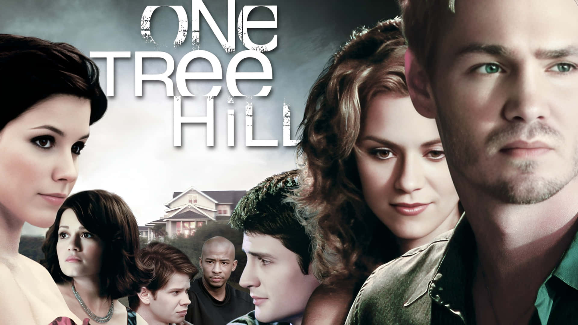  壁紙 — 《One Tree Hill》宣傳海報，主要演員以多雲天空為背景，後面有一間房子。