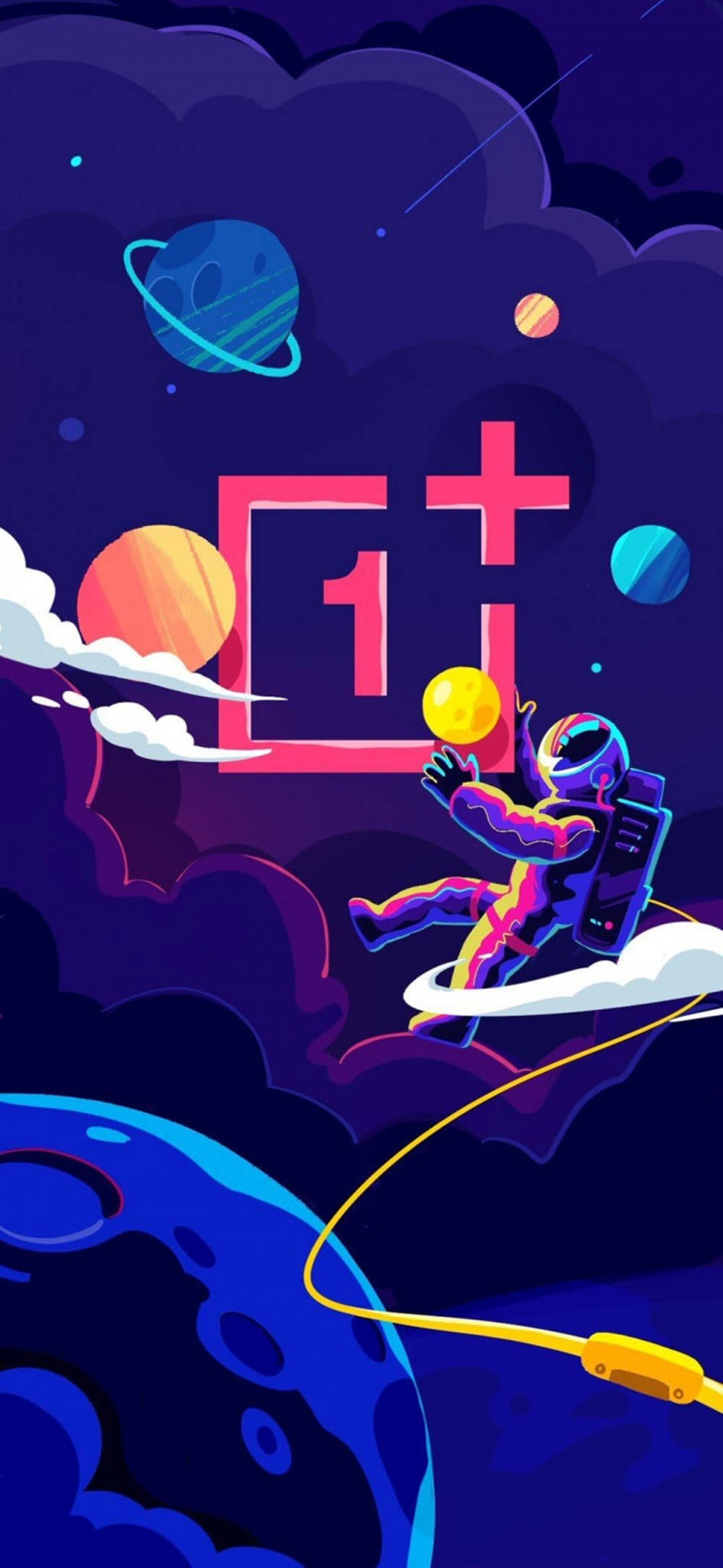 OnePlus 9 Pro 太空宇航員 壁紙 — 一幅充滿活力的數碼插圖，描繪一名太空人在色彩繽紛的行星和雲朵的宇宙場景中，漂浮在巨型 OnePlus 標誌附近，手持一個發光的球體。
