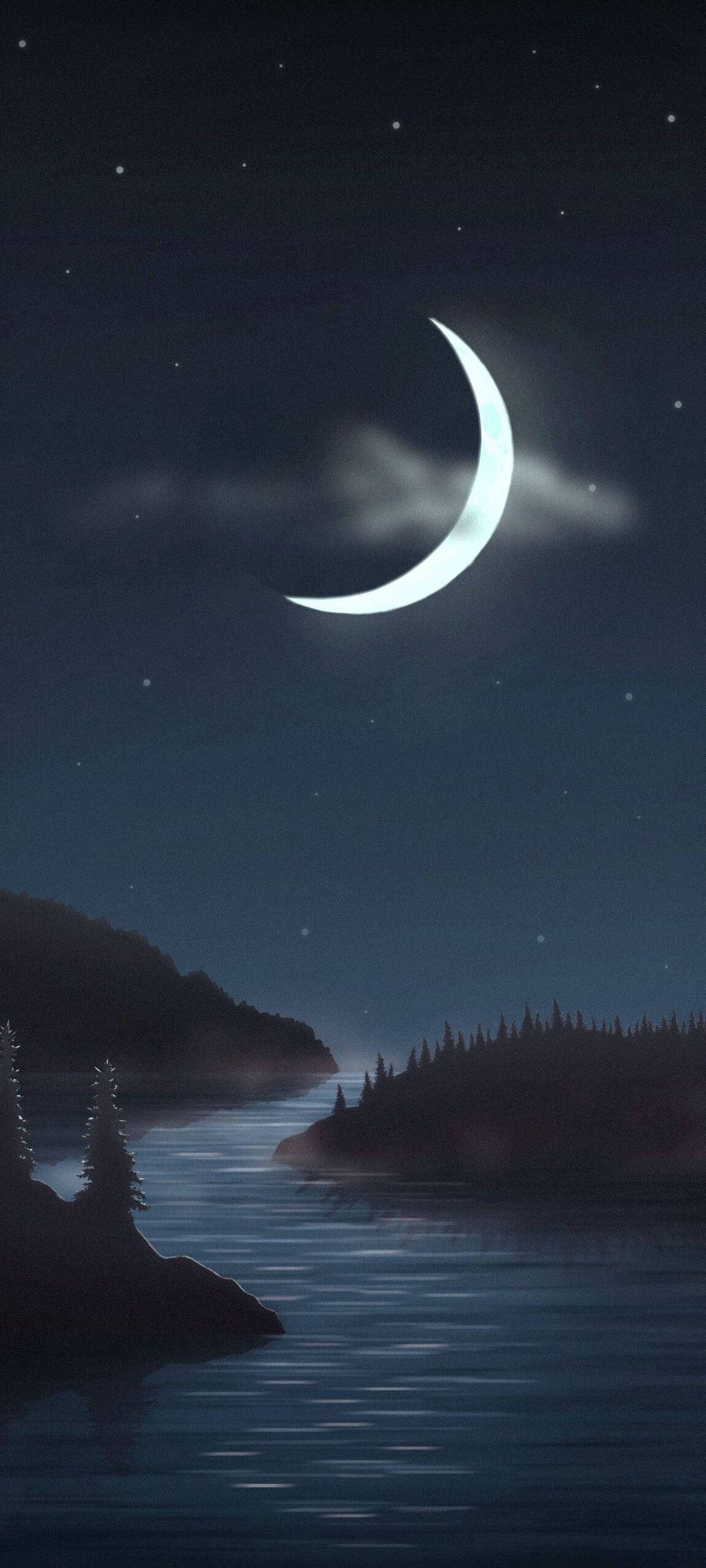 寧靜彎月 OnePlus 9R 壁紙 — 寧靜的夜景，閃爍的彎月與星星倒映在平靜的水面上，四周環繞著黑暗的森林湖岸。