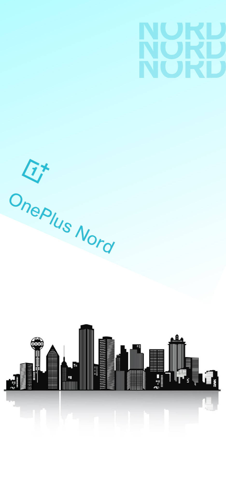 以OnePlus Nord Black Edition探索世界 壁紙 — 極簡黑白城市天際線剪影，帶有OnePlus Nord品牌標誌，背景為漸變淺藍色。