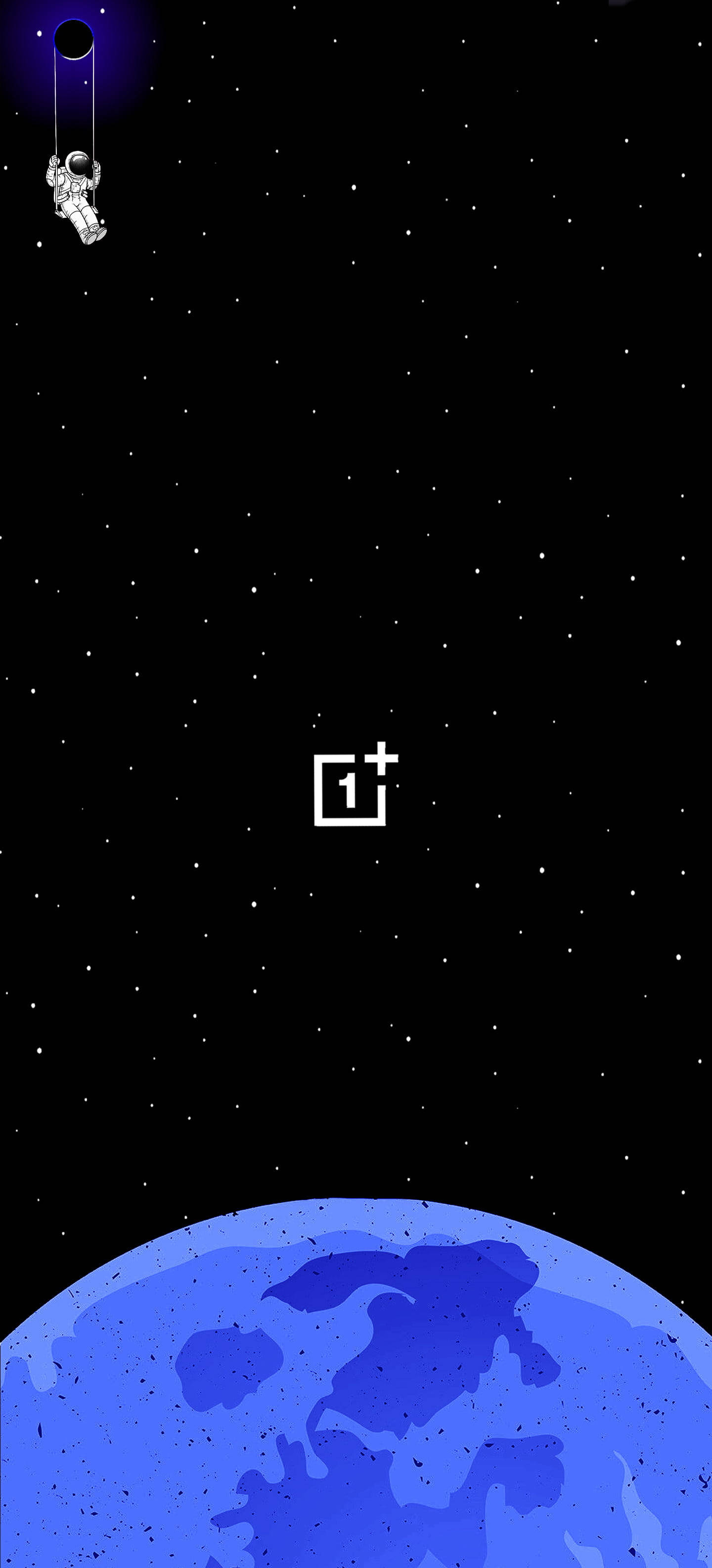 OnePlus Nord 標誌喺太空 壁紙 — 一名太空人漂浮在藍色星球之上，背景是繁星點點的黑色天空，有新月和浮動的OnePlus標誌。