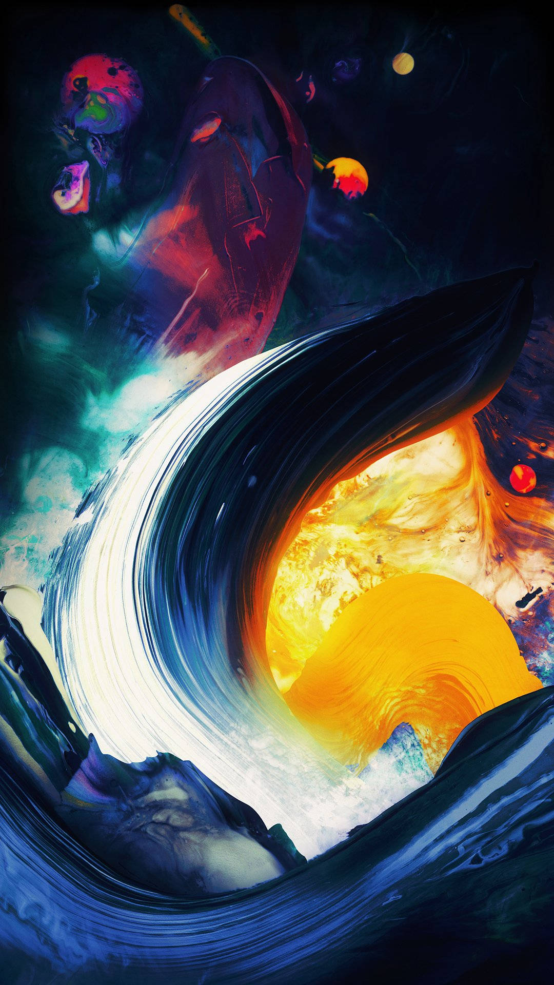 OnePlus 抽象科幻藝術 壁紙 — 一條宇宙波浪環繞著一個發光的橙色球體，背景是充滿漂浮彩色球體的黑暗星雲。