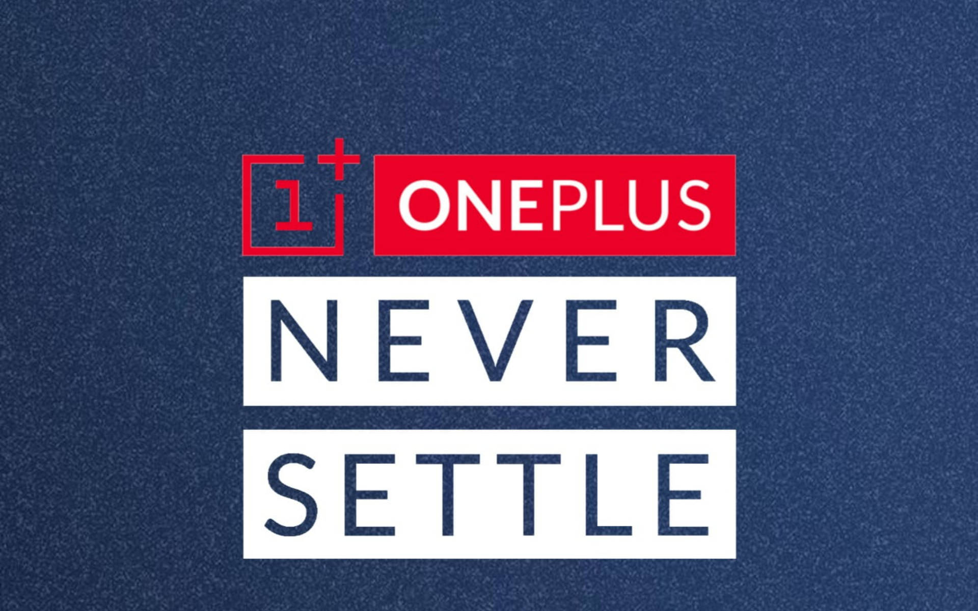 OnePlus 品牌標誌，帶有口號 never settle，位於紋理藍色背景上