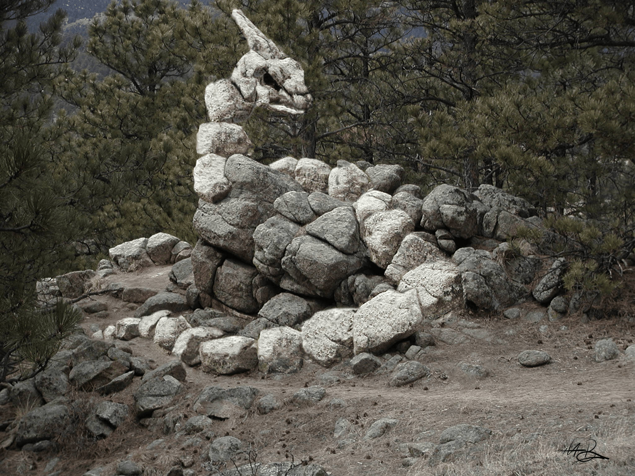 石頭巨像Onix 壁紙 — 一個形狀像兔子的天然岩石形成，矗立在松樹和崎嶇地形中。