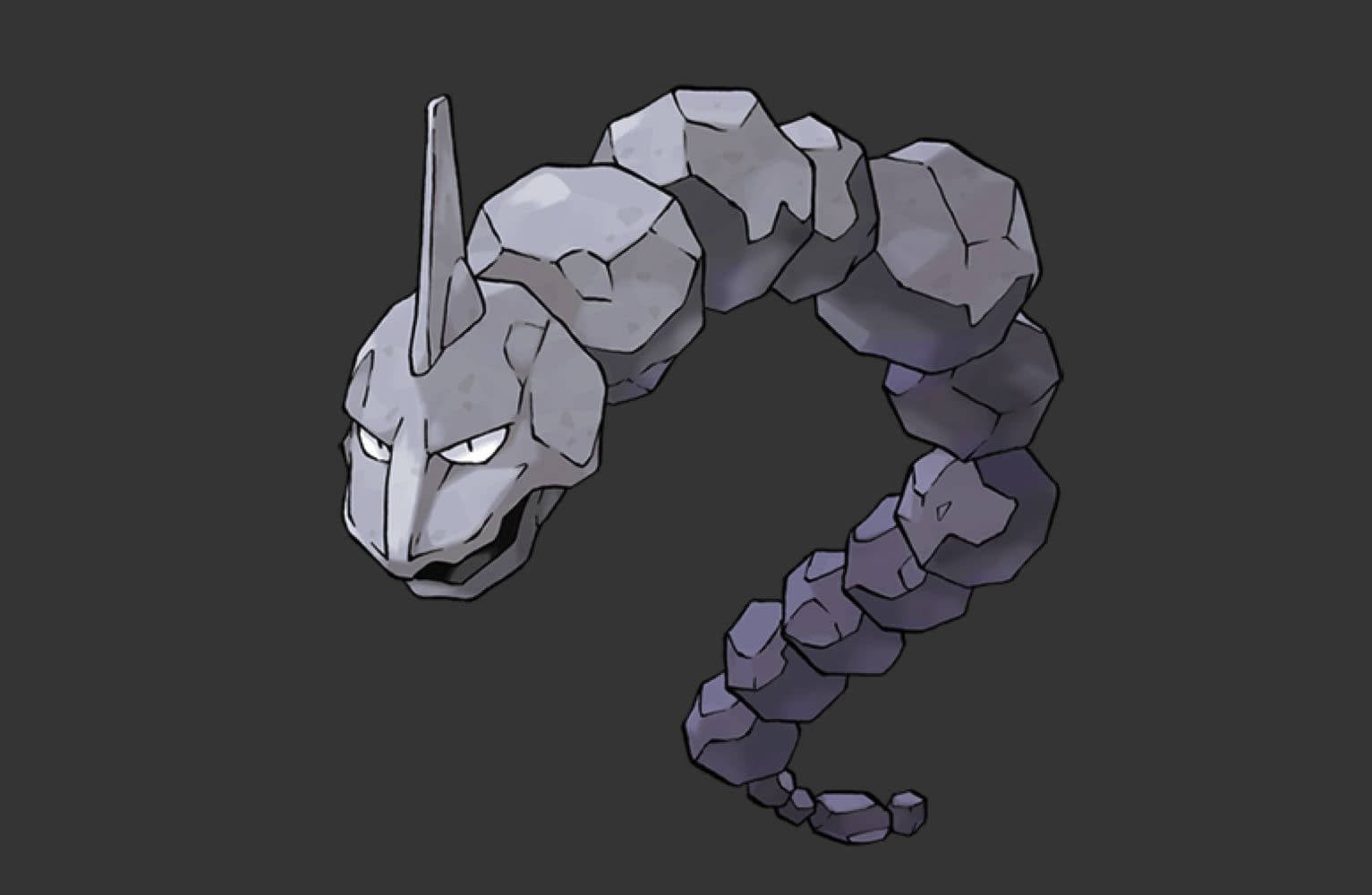 Onix 黑色背景圖像 壁紙 — 一條風格化的石蛇，帶有發光的眼睛和鋸齒狀的節段，在深灰色背景上彎曲。