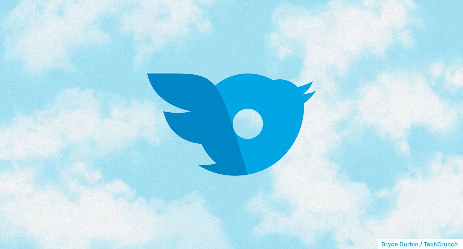 OnlyFans 與 Twitter 標誌合併藝術圖 壁紙 — 一個大膽的藍色Twitter鳥標誌漂浮在柔和的天空上，伴隨著蓬鬆的白雲。