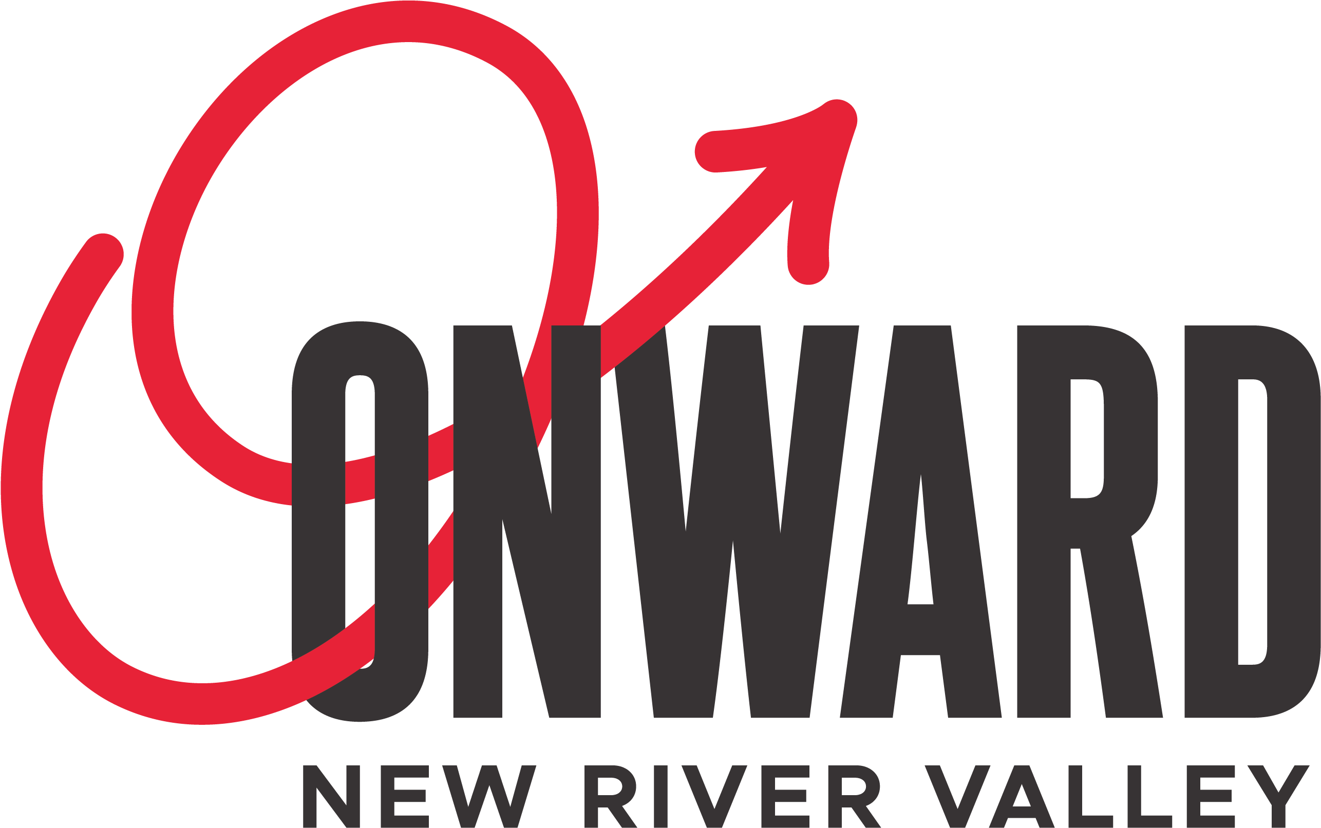 Onward New River Valley 標誌 壁紙 — 粗體紅色箭頭向上彎曲穿過灰色字詞 ONWARD，背景為黑色。