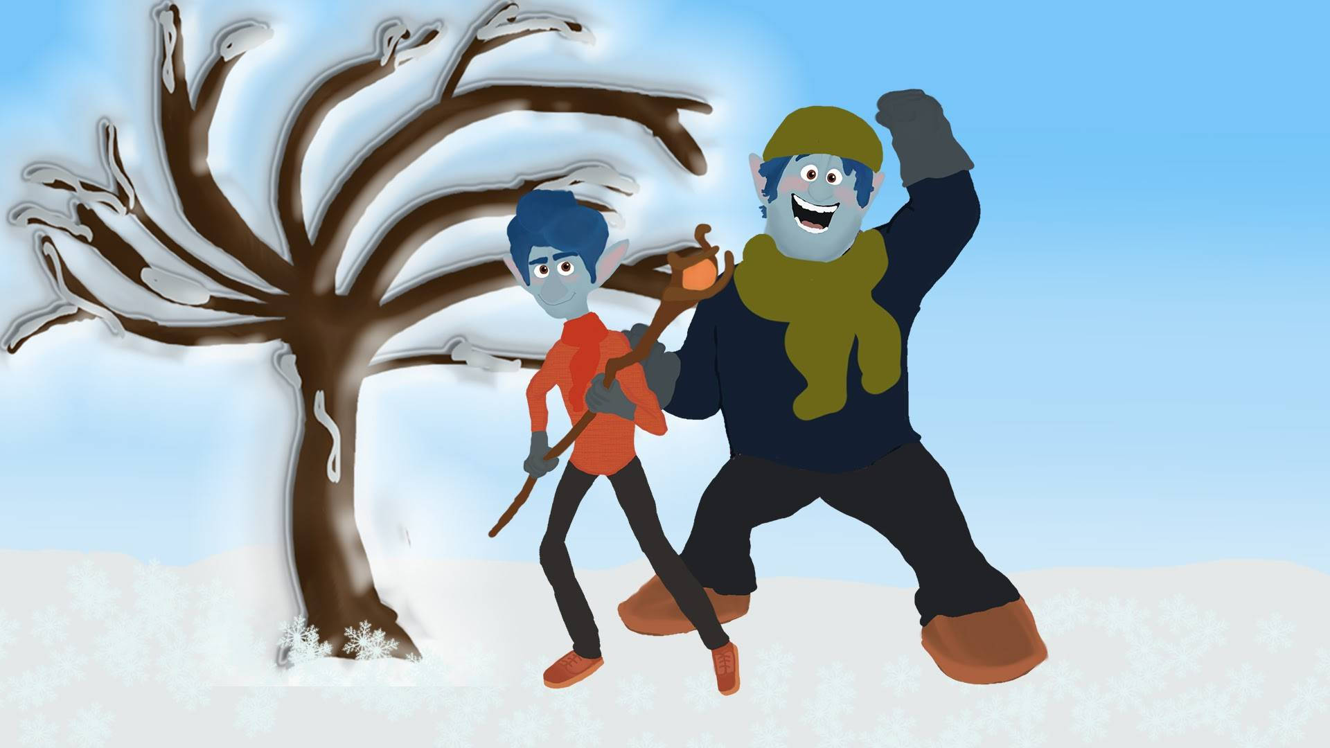 《Onward》伊恩與巴利冬季造型 壁紙 — 兩個藍皮膚的雪人在白雪皚皚的冬季景觀中，在積雪覆蓋的樹旁快樂地跳舞。