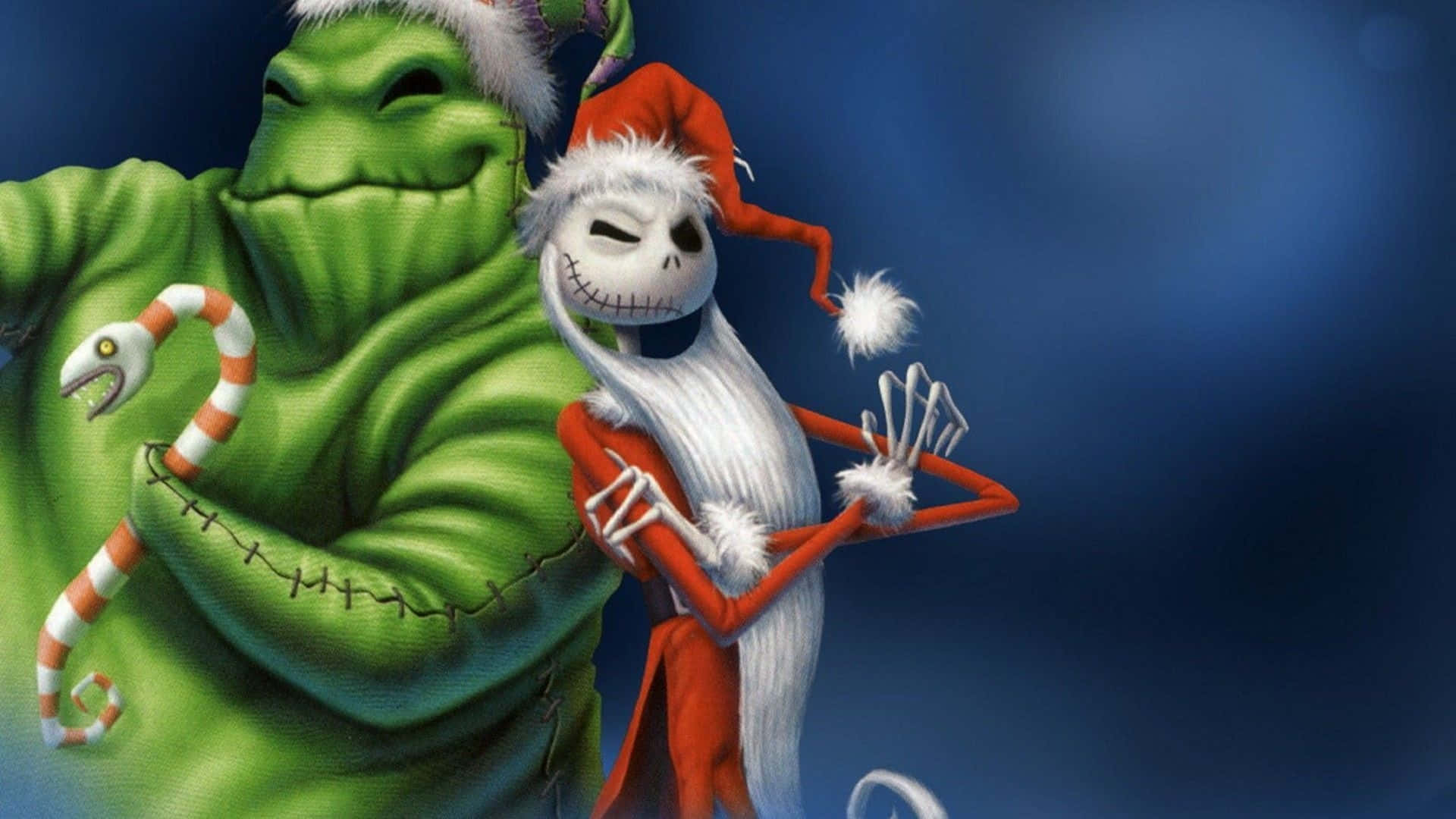 Oogie Boogie 與 Jack Skellington 圣誕節 壁紙 — Jack Skellington 身穿紅色聖誕老人套裝，在深藍色背景旁與手持糖果杖蛇的綠色骷髏人物跳舞。