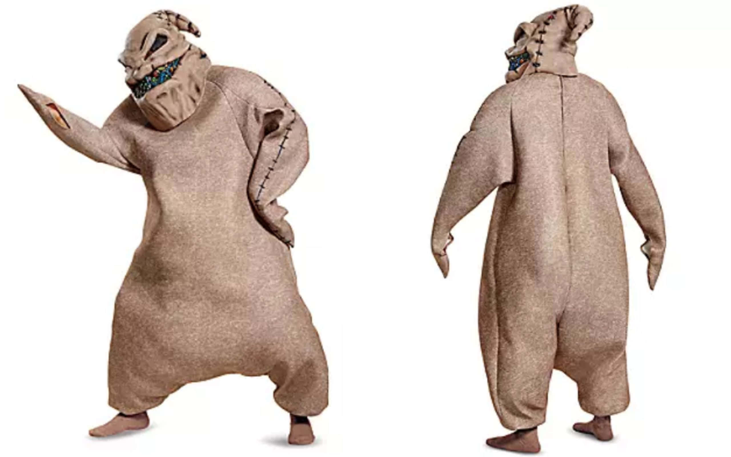 Oogie Boogie 服裝 壁紙 — 兩個視角嘅縫合粗布服裝，帶有露出牙齒同藍色眼睛嘅怪獸面具，背景係白色。