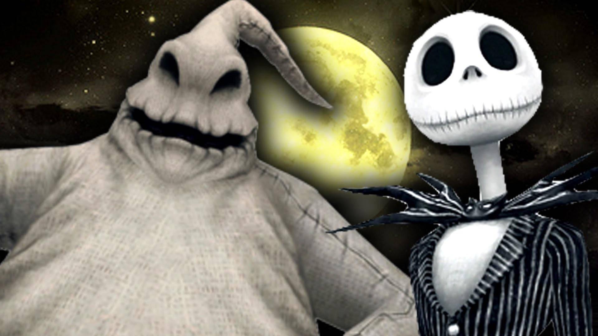 Oogie 與 Jack《聖誕夜驚魂》 壁紙 — 骷髏積克·史基靈頓和烏基·布基站在黑暗星空夜空中發光的黃色月亮前。