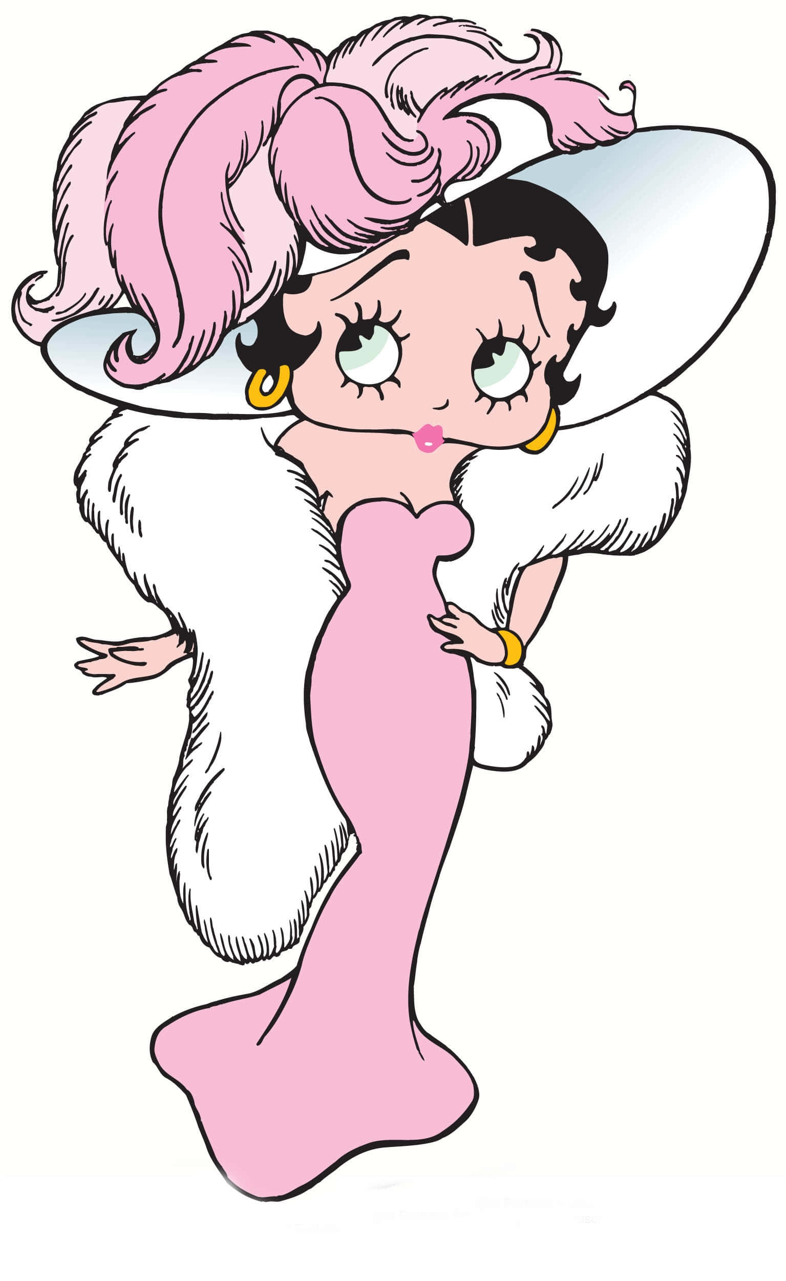 讓貝蒂·布oop為你帶來笑容 壁紙 — Betty Boop 身穿粉紅色連衣裙和白色毛皮披肩，調皮地眨眼，戴著一頂大粉紅色帽子。