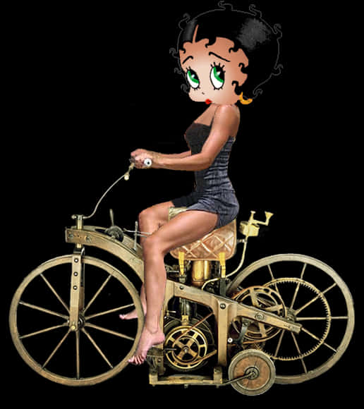 貝蒂·布oop 騎蒸汽朋克自行車 壁紙 — Betty Boop 騎著一輛復古黃銅自行車，帶有外露齒輪，背景為黑色。
