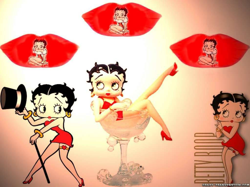 貝蒂·布oop卡通人偶 壁紙 — 復古卡通 Betty Boop 以多種俏皮姿勢，被巨大的紅唇包圍，背景為溫暖的漸變色。