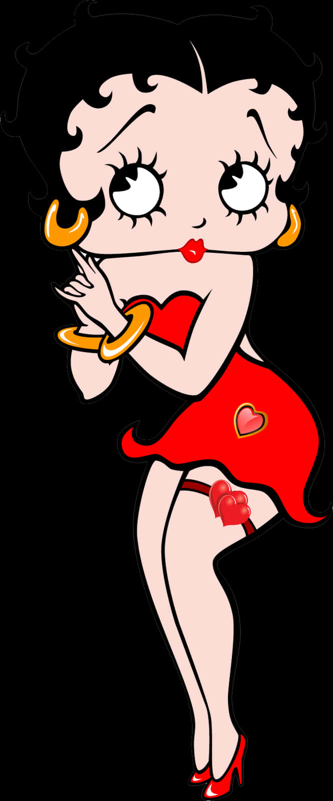 經典貝蒂·布oop姿勢 壁紙 — 經典卡通角色 Betty Boop 身穿紅色連衣裙和高跟鞋，在黑色背景前擺出俏皮的姿勢。