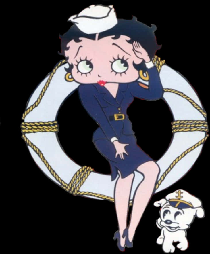 貝蒂布oop水手主題 壁紙 — Betty Boop 穿著水手服坐在救生圈上，她的狗在她旁邊，背景是黑色。