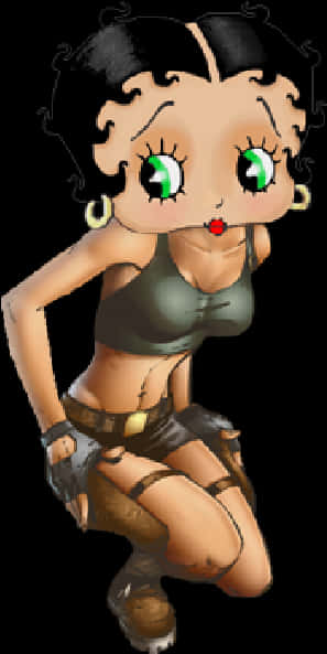 貝蒂·布oop現代風格重製版 壁紙 — Q版 Betty Boop 自信地蹲著，身穿綠色上衣和棕色短褲，明亮的綠色眼睛和紅色嘴唇。