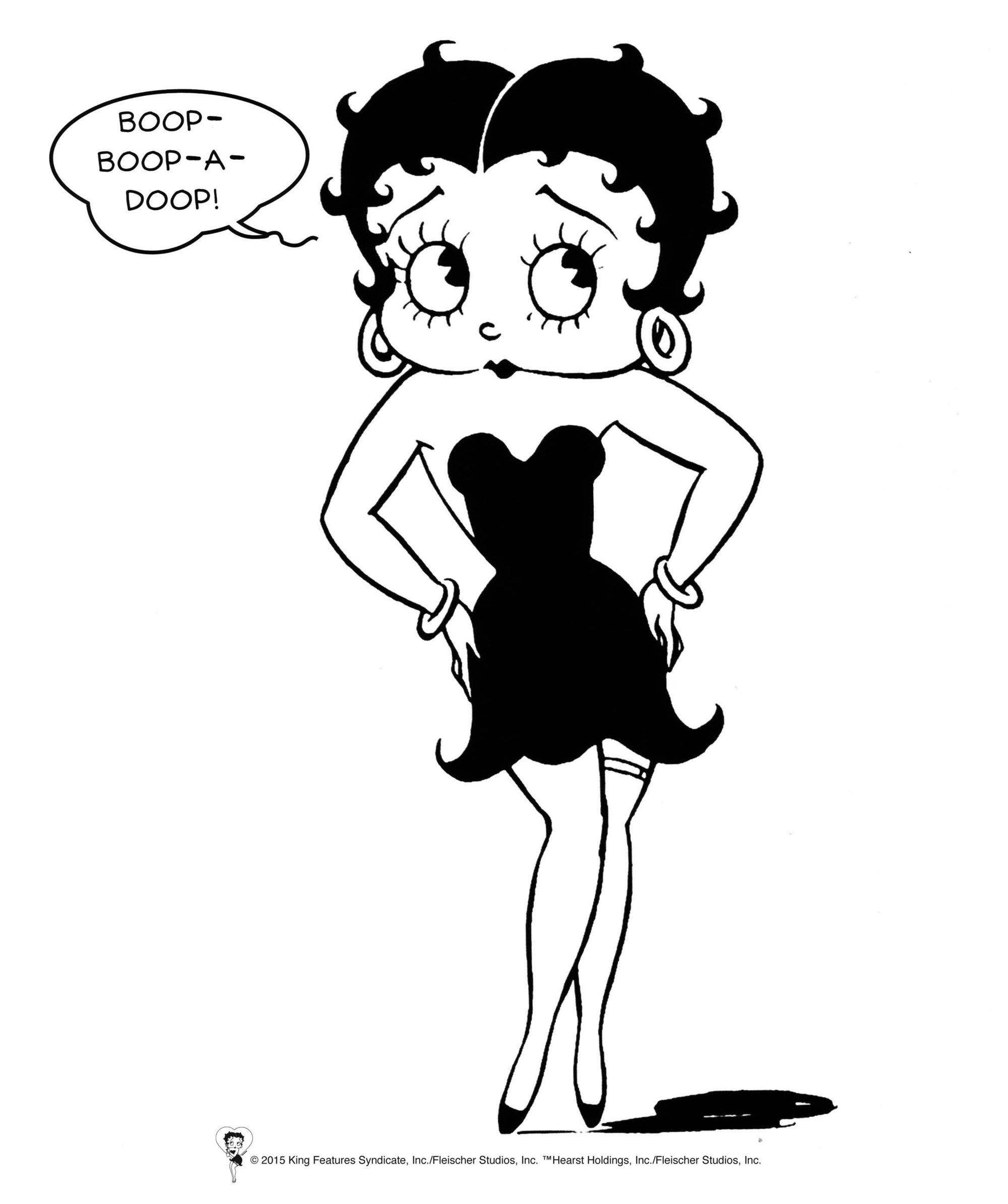 貝蒂·布oop 漫畫藝術 壁紙 — 經典黑白卡通人物 Betty Boop 穿著無肩帶連衣裙，擺出自信姿勢，對話框寫著 'BOOP-BOOP-A-DOOP!'