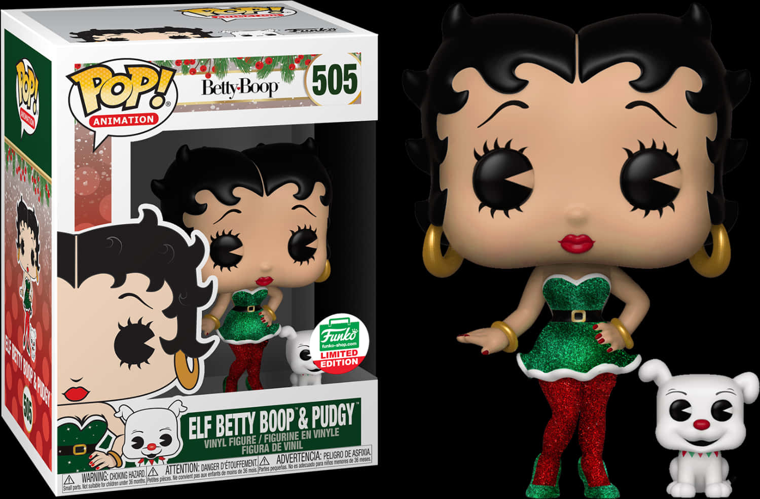 貝蒂·布oop精靈造型Funko Pop與Pudgy 壁紙 — Betty Boop 穿著精靈服裝與 Pudgy 一起的 Funko Pop! 乙烯基公仔，旁邊展示其限量版包裝。