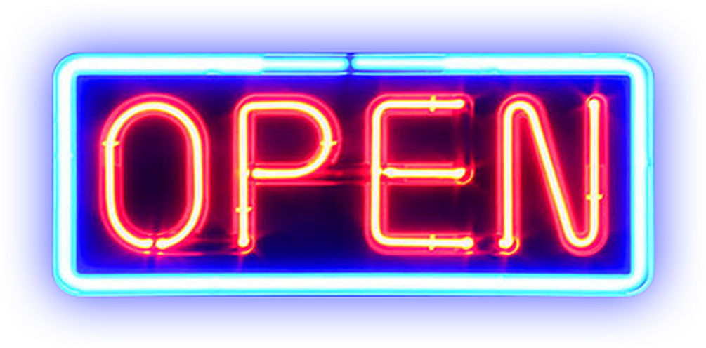 霓虹燈「OPEN」招牌 壁紙 — 一個發光的霓虹燈牌，紅色「開放」字母鑲嵌在明亮的藍色邊框內，背景為紫色。