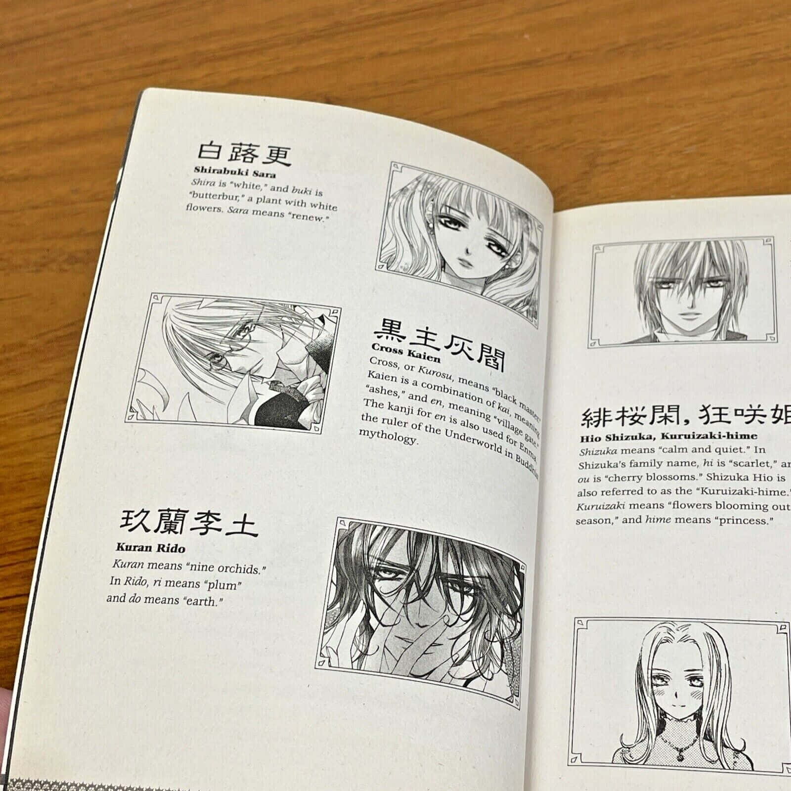 Shizuka Hio 桌布 壁紙 — 打開的漫畫書頁，木桌上展示黑白角色肖像和漢字名字含義。