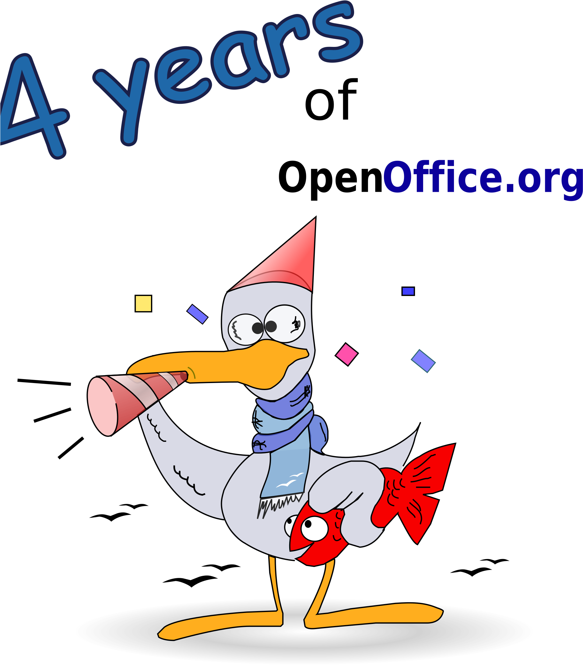 OpenOffice.org 四週年慶祝 壁紙 — 一隻戴紅色派對帽和藍色圍巾的卡通海鷗，吹著條紋喇叭，手持一條紅魚，背景為黑色，配有五彩紙屑和文字。