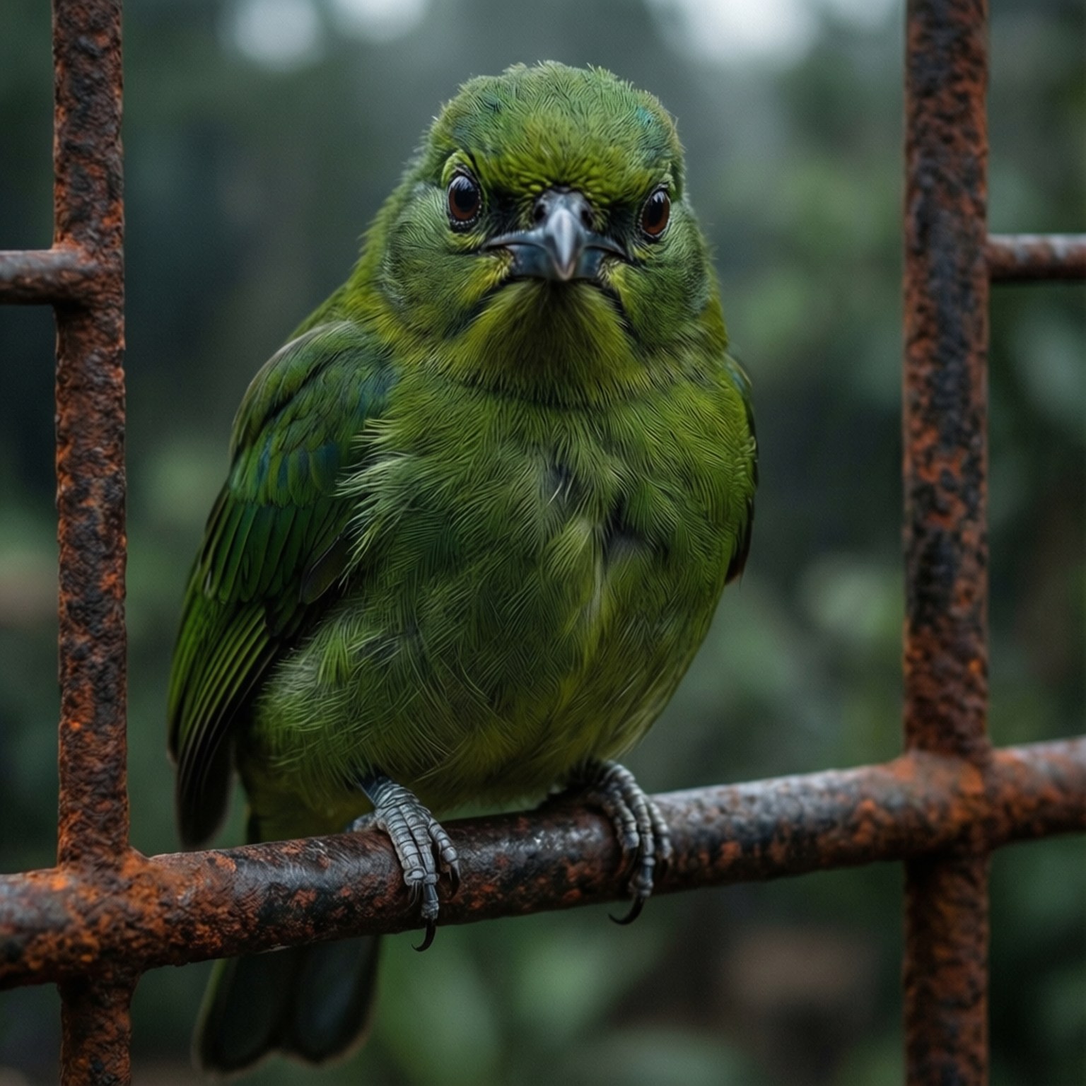 Opila鳥凝視遊樂場 壁紙 — 一隻充滿活力的綠色鳥兒棲息在生鏽的金屬棒上，在模糊的森林背景下，用深色的眼睛專注地凝視。