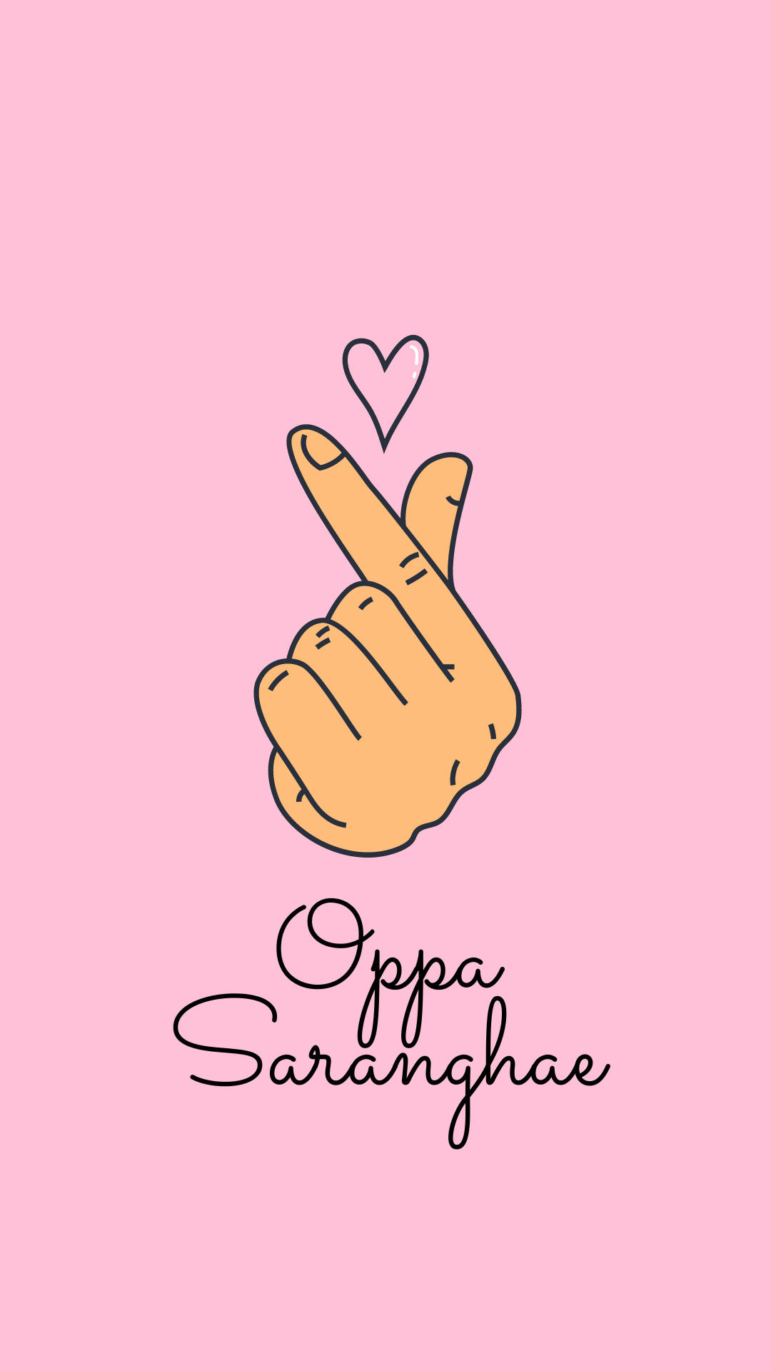 Oppa Saranghae 與手指心形 壁紙 — 一隻極簡線條藝術的手做出心形手勢，上方有一個小心形，背景為柔和粉紅色。