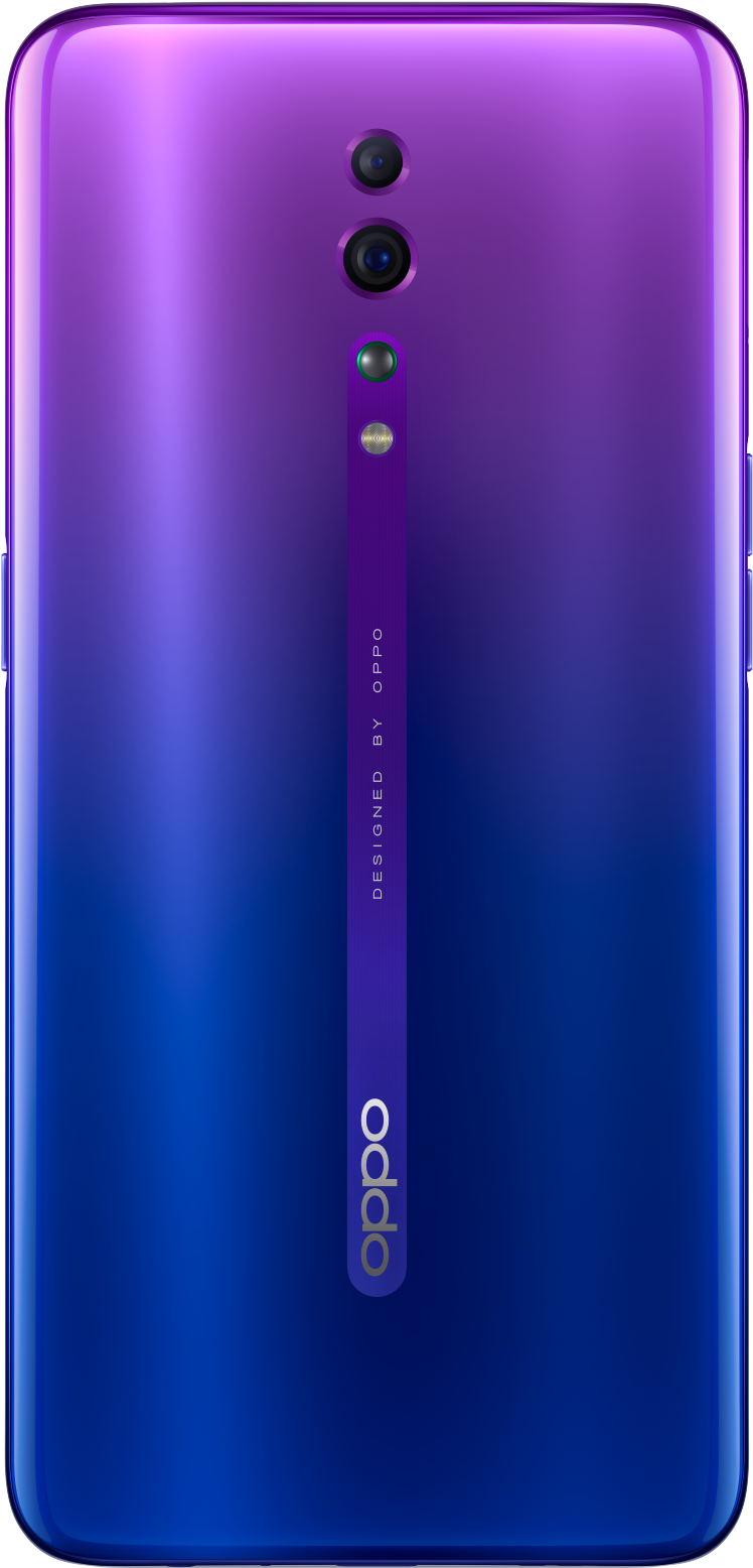 紫色漸層OPPO智慧手機背面攝影鏡頭設計 壁紙 — 一部時尚智能手機，背面由紫色漸變至藍色，並設有垂直相機模組。