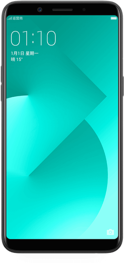 Oppo 智能手機顯示畫面 壁紙 — 智能手機顯示帶有抽象幾何形狀和顯示01:10的數字時鐘的藍綠色漸變壁紙。