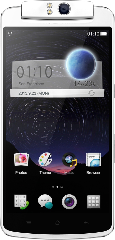 Oppo 智能手機正面顯示 壁紙 — 一部智能手機，帶有星空壁紙，展示一顆發光的藍色行星和旋轉的宇宙射線。