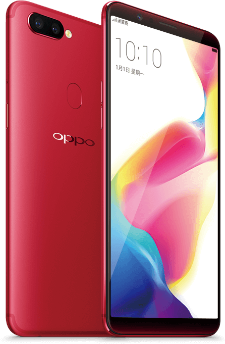 紅色 OPPO 智能手機顯示與背面 壁紙 — 一部鮮紅色的OPPO智能手機，在黑色背景前展示正面和背面，屏幕上顯示色彩繽紛的抽象壁紙。