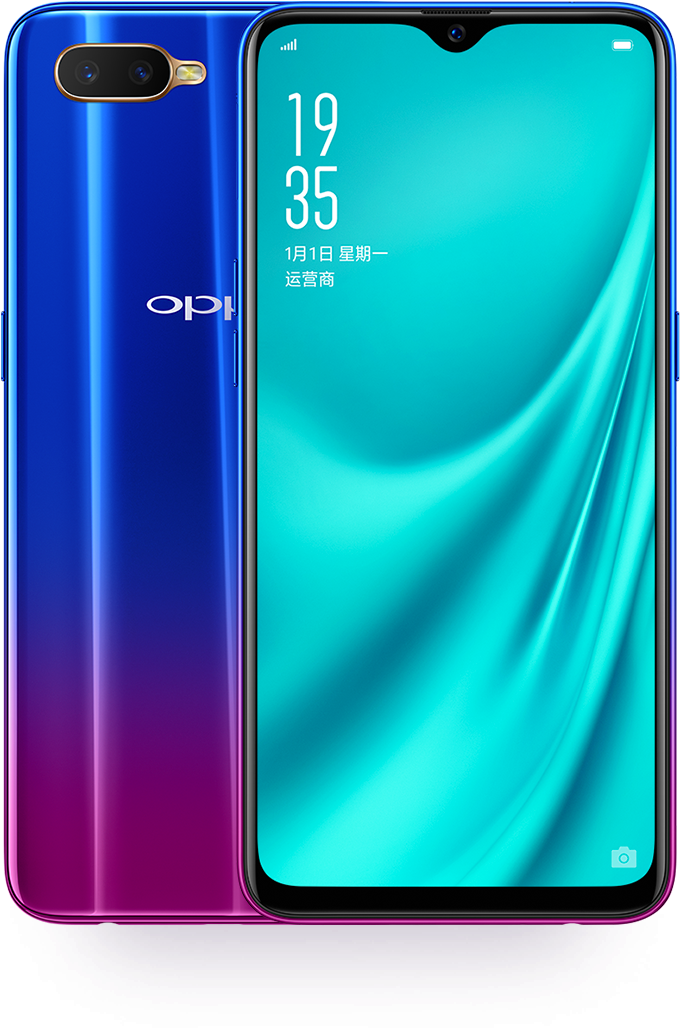 OPPO 智能手機雙鏡頭漸層設計 壁紙 — 一部帶有光澤藍紫漸變的OPPO智能手機，正面和背面展示，屏幕上帶有青色漩渦壁紙。