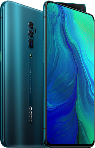 Oppo 雙鏡頭智慧手機設計 壁紙 — 時尚的藍綠色OPPO智能手機，前後展示，帶有充滿活力的旋轉藍綠色屏幕壁紙。