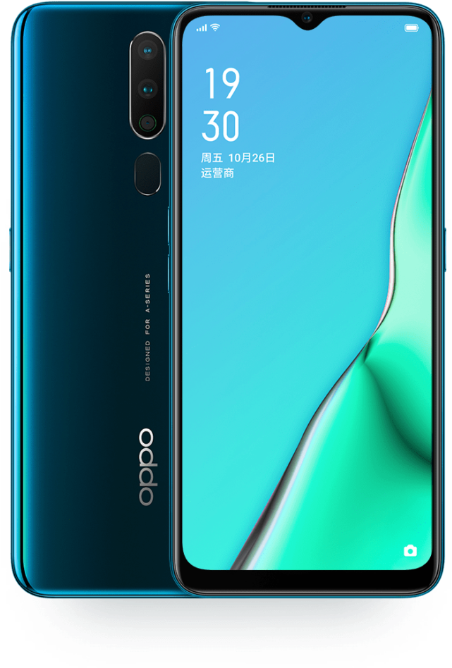 Oppo智慧手機螢幕與鏡頭設計 壁紙 — 時尚藍色 OPPO 智能手機前後展示，帶有漸變青綠色螢幕壁紙。
