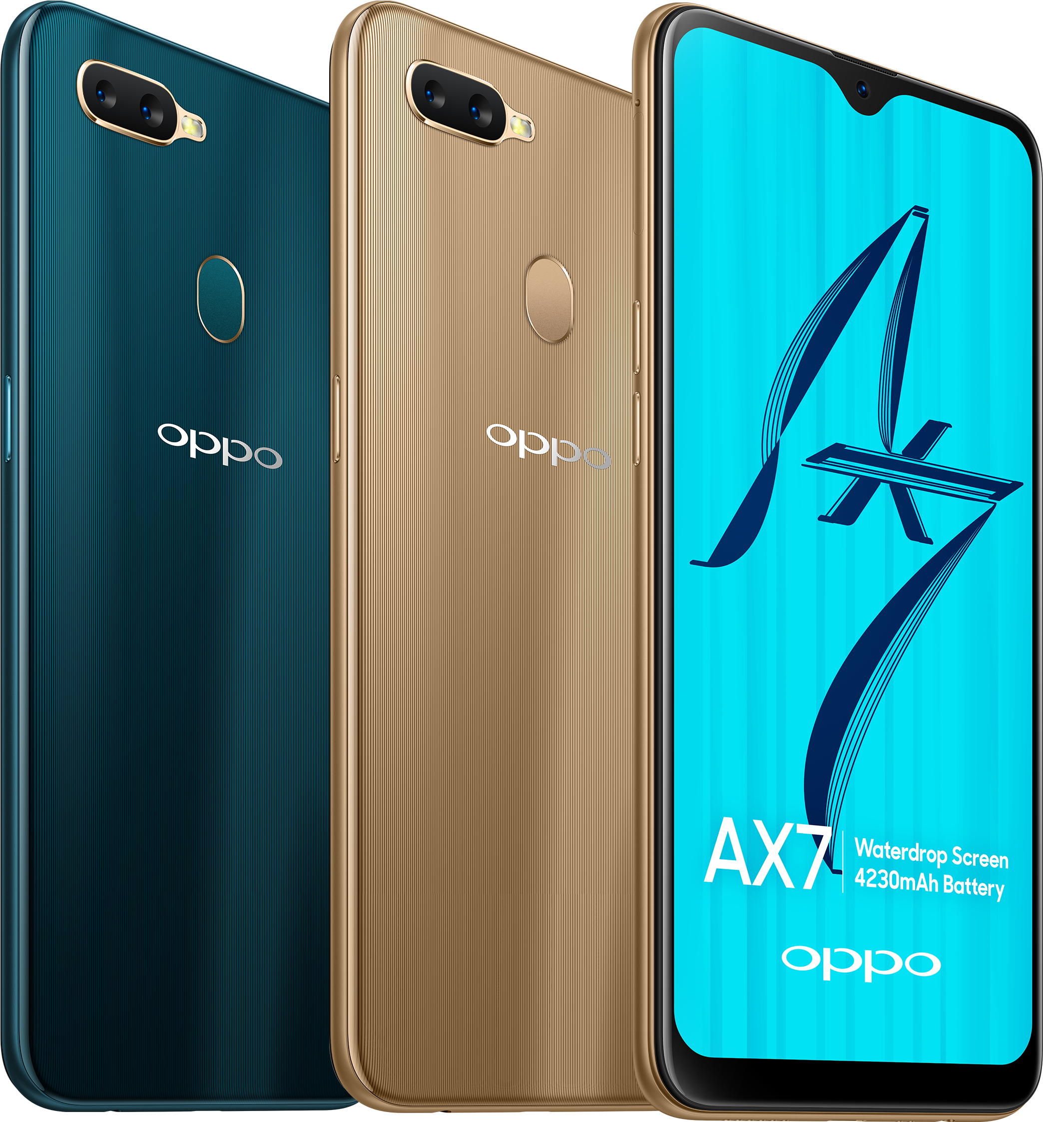 Oppo A X7 雙色版本 壁紙 — 三部 OPPO AX7 智能手機，分別為青綠色、金色和黑色，展示其雙鏡頭和顯示規格的鮮豔藍色屏幕。