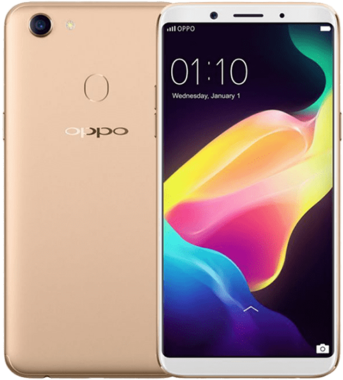 OPPO智慧手機正面與背面視角 壁紙 — 金色 OPPO 智能手機正面和背面展示，螢幕上顯示色彩繽紛的抽象桌布，並顯示時間和日期。