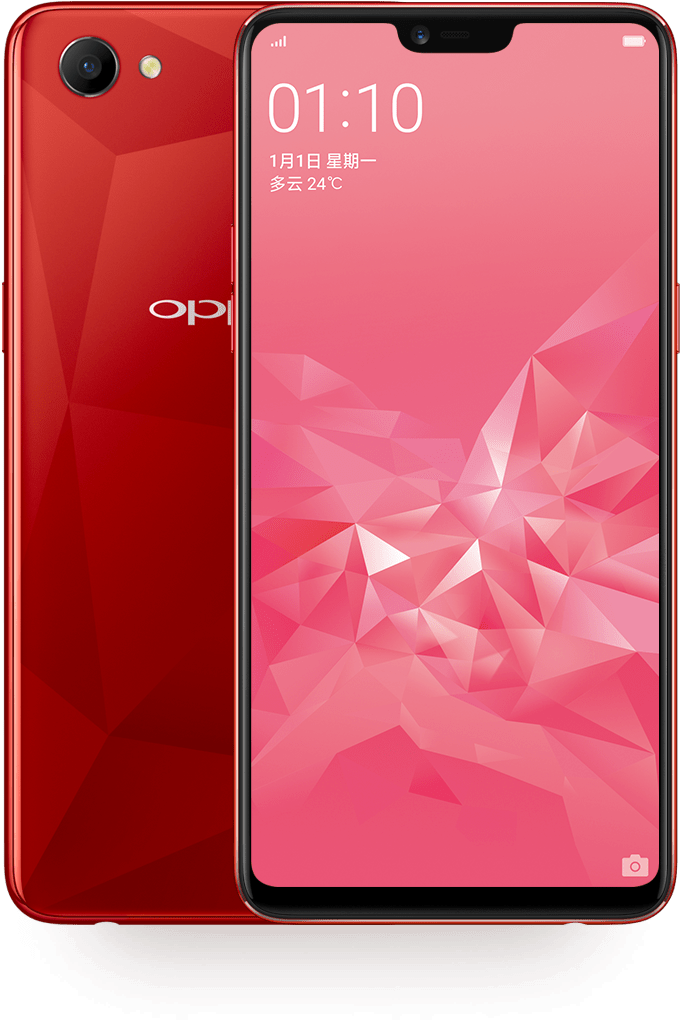 紅色OPPO智慧手機顯示 壁紙 — 一部紅色 OPPO 智能手機，正面和背面展示，屏幕上帶有粉紅色幾何圖案桌布，顯示時間和天氣。