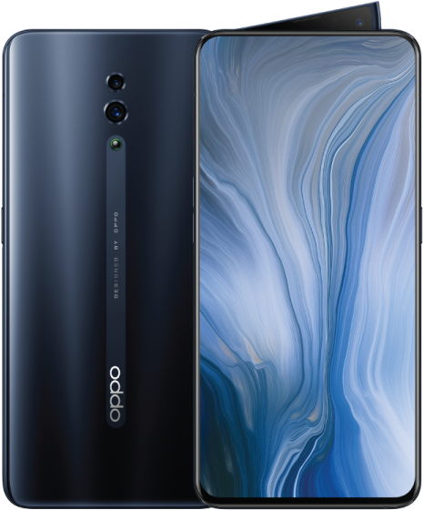 OPPO智慧手機藍色大理石紋設計 壁紙 — 一部時尚的深藍色 OPPO 智能手機，正面和背面展示，屏幕上帶有旋轉的藍白抽象壁紙。