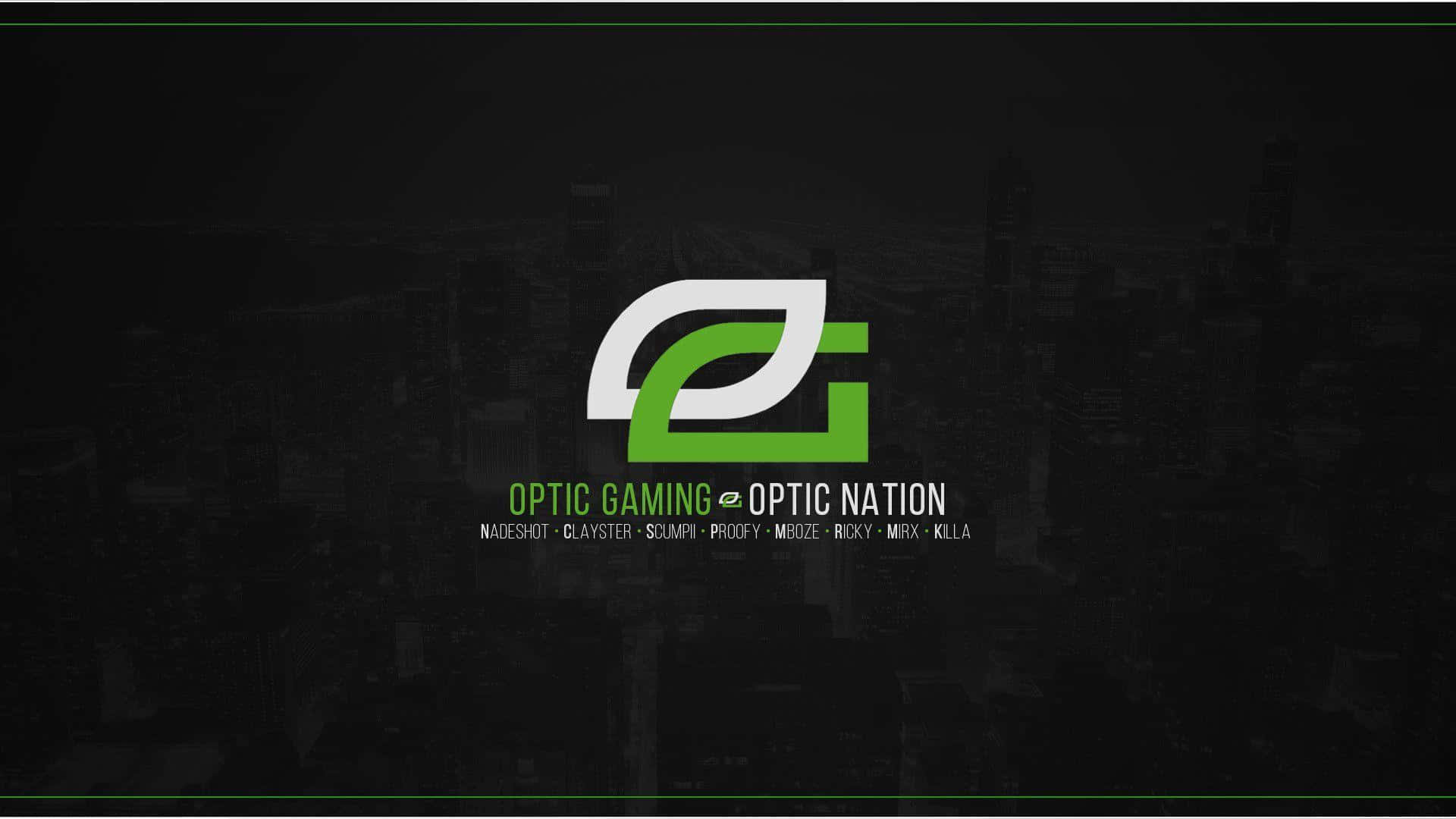 Optic Gaming 隊伍壁紙 壁紙 — 深色城市天際線背景，帶有醒目的綠色和白色 Optic Gaming 標誌，下方有玩家名稱。