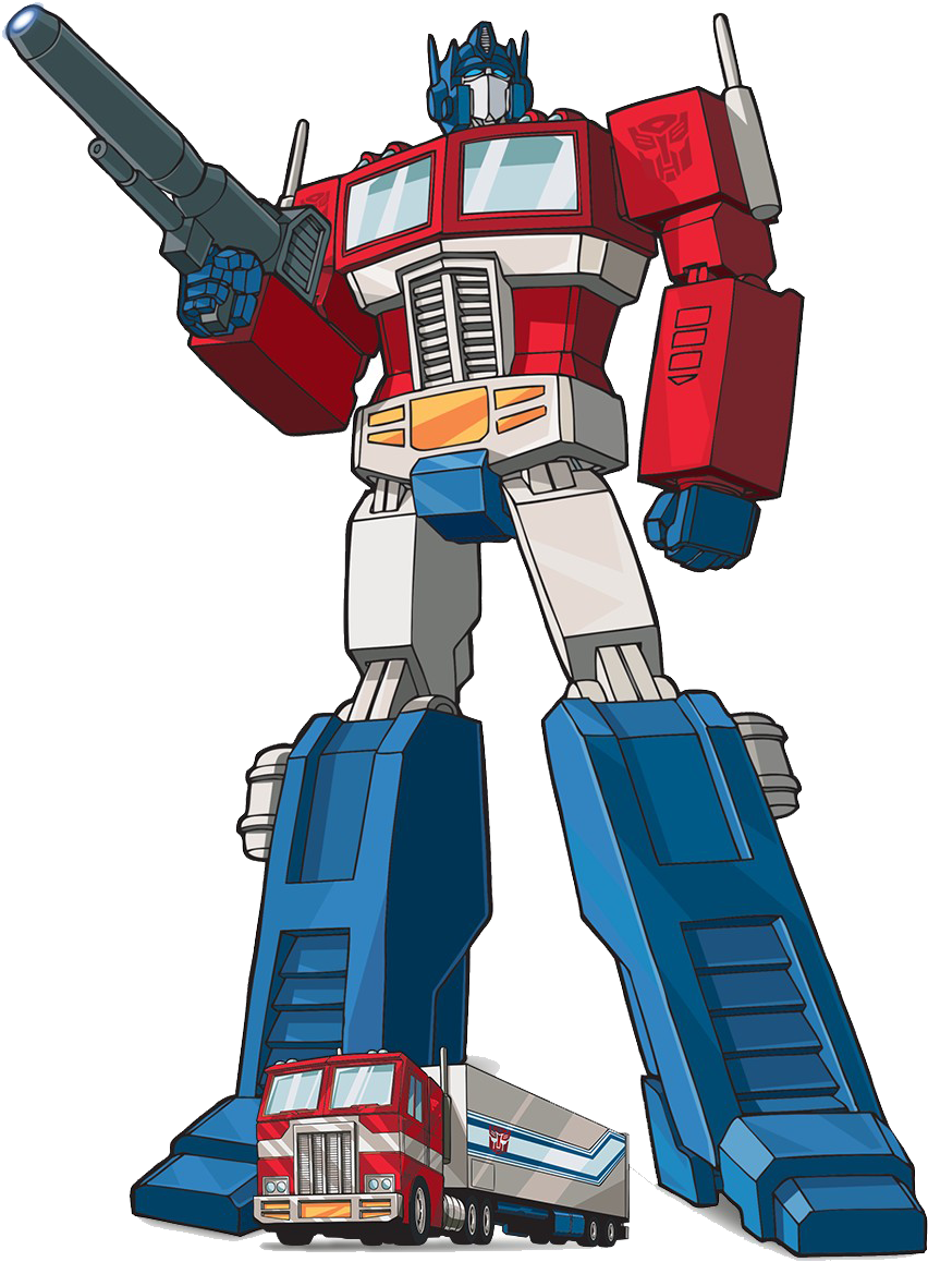 變形金剛領袖 Optimus Prime 全身插畫 壁紙 — 柯柏文以標誌性的紅藍機械人形態站立，手持大炮，腳邊是他的卡車模式。