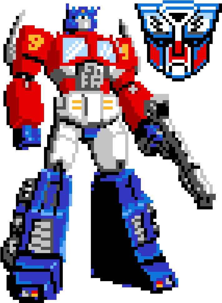 像素藝術 Optimus Prime 壁紙 — 像素藝術的柯柏文英雄地站在黑色背景上，上方有博派標誌。