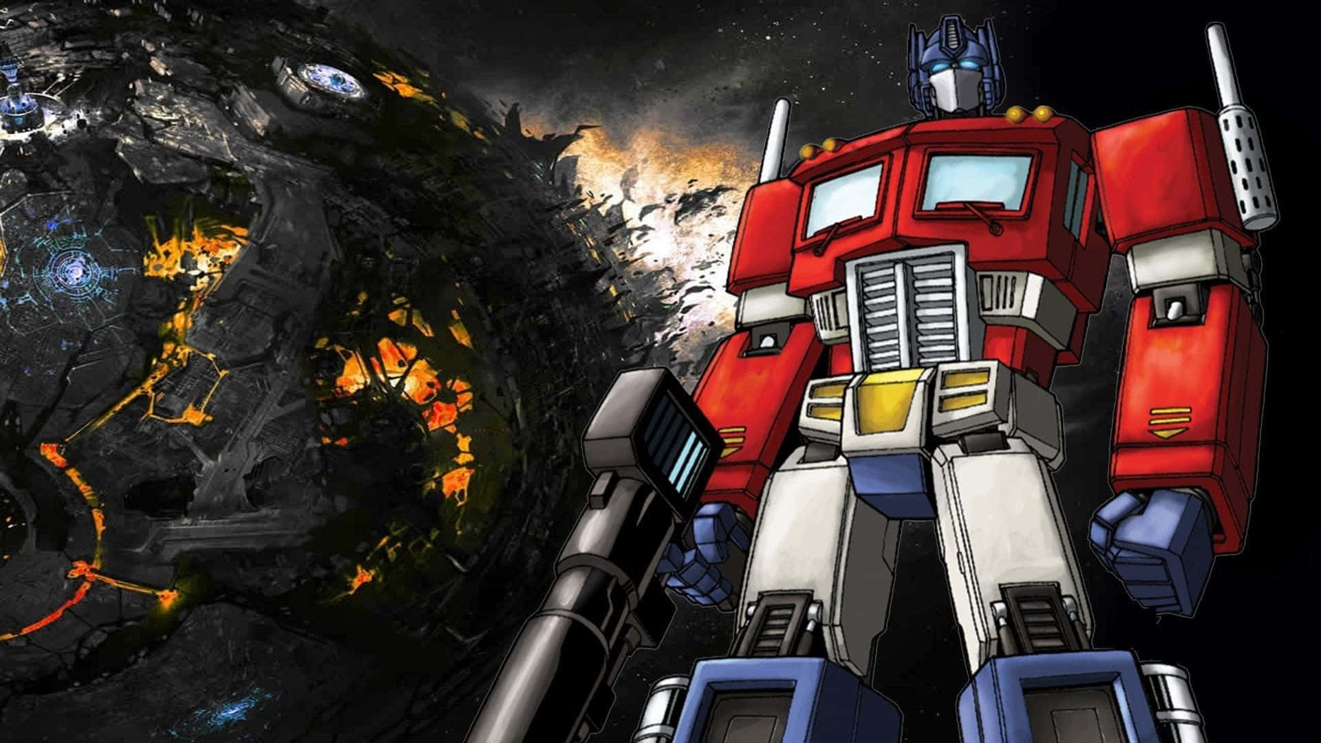 Cartoon Robot 桌布 壁紙 — Optimus Prime 在星空下，英勇地站立在熾熱的戰場中，周圍是發光的橙色熔岩和破碎的瓦礫。